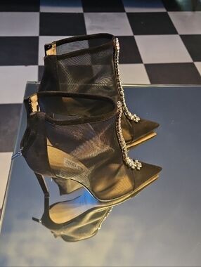 Jimmy Choo Black Mesh Pointed Stiletto Ankle Booties with Crystal Trim